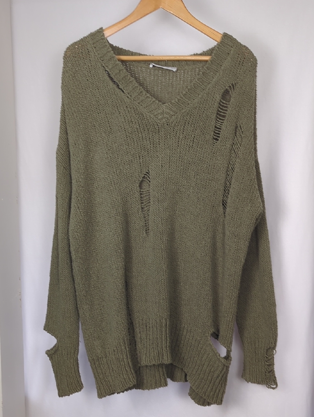 ZARA Olive Green Distressed V-Neck Pullover Tunic Sweater